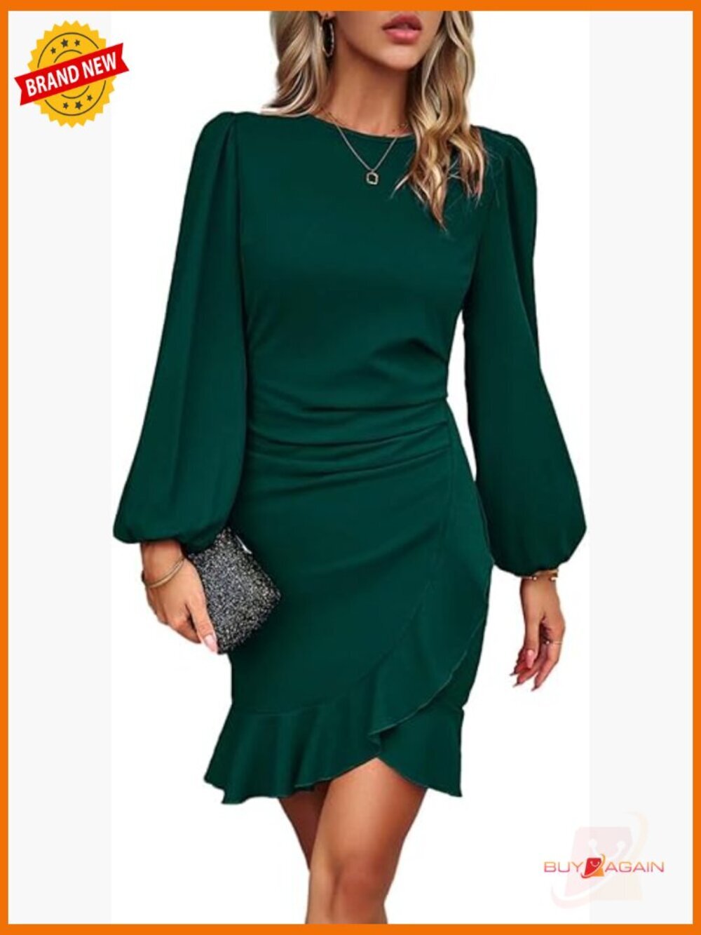 Elegant Ruched Bodycon Cocktail Dress Long Lantern Sleeve Ruffle Hem Formal Work